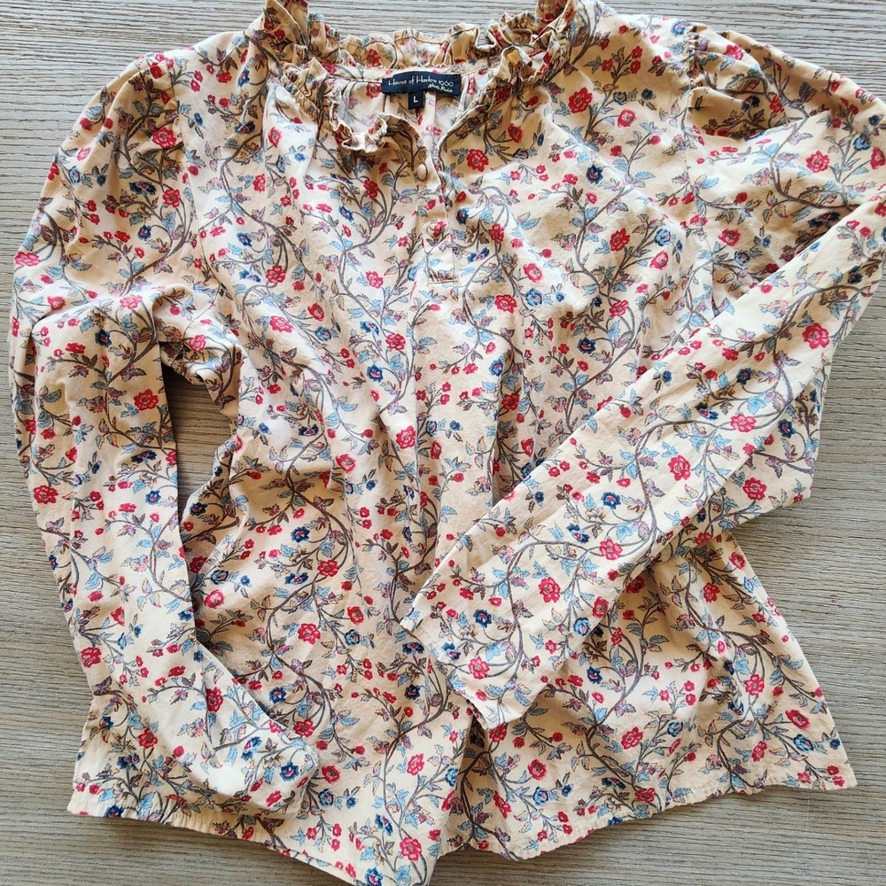 House of Harlow 1960 Floral Ruffle Neck Peasant Blouse Top L Cottagecore boho